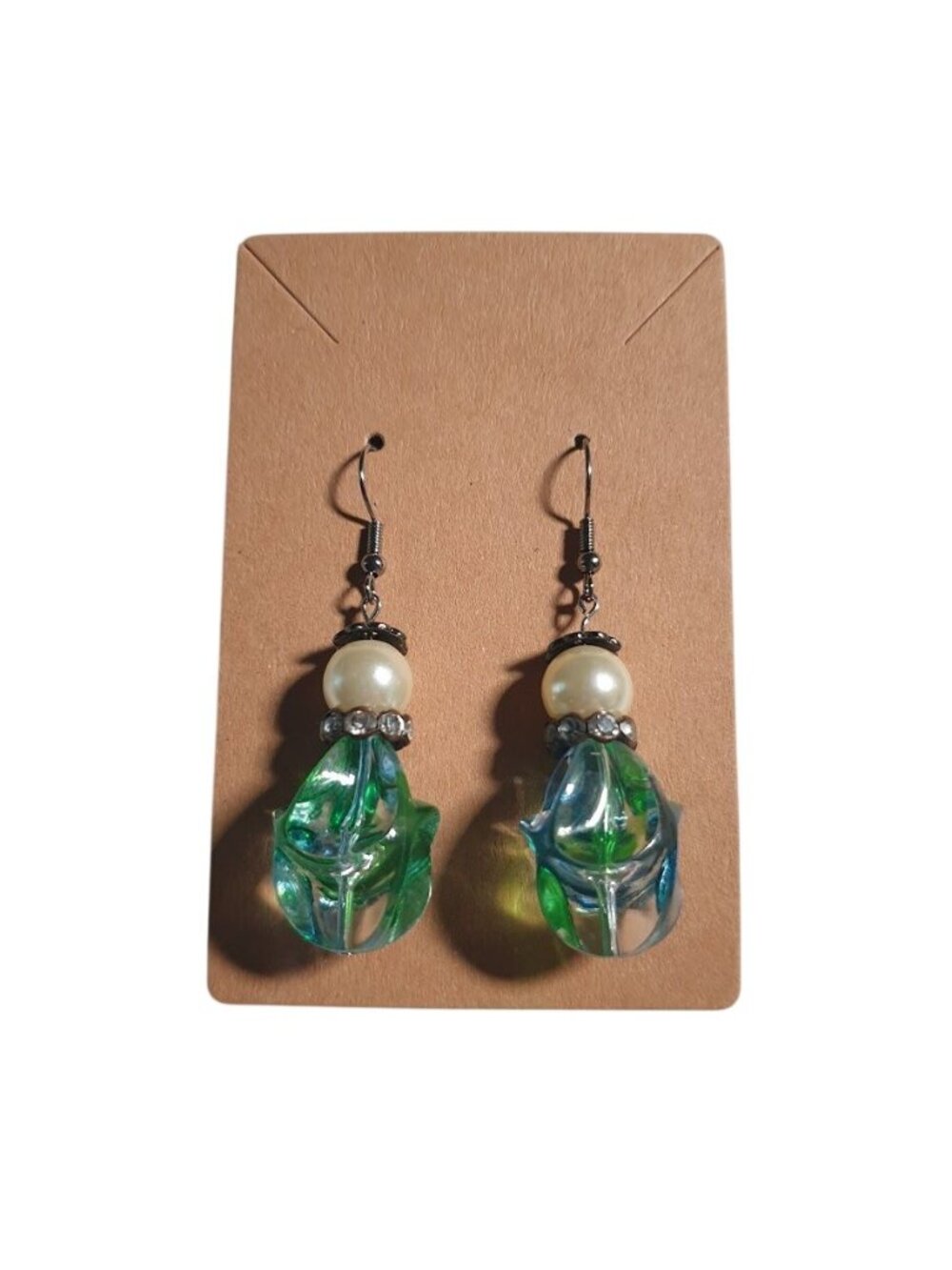Handmade Green Blue Spinner Bead Earrings Faux Pearl Rhinestones Hook Jewelry
